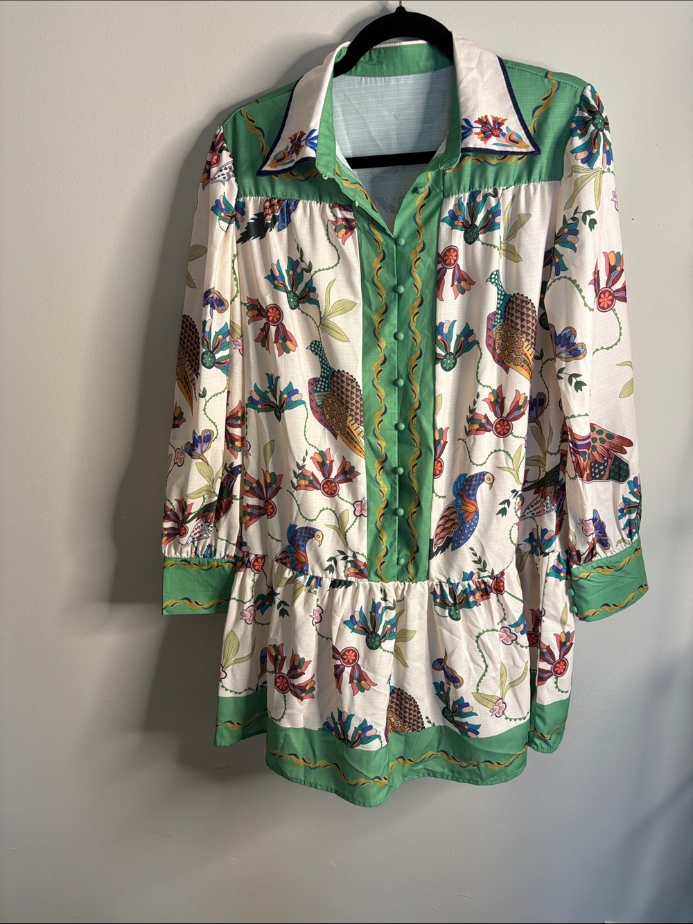 Green Trim Floral Bird Print Women's Dress
